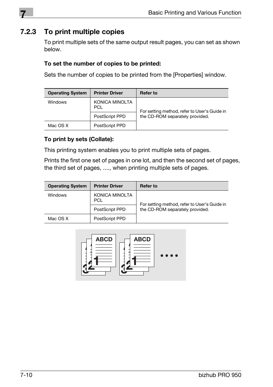3 to print multiple copies, To set the number of copies to be printed, To print by sets (collate) | To print multiple copies -10 | Konica Minolta bizhub PRO 950 User Manual | Page 95 / 122