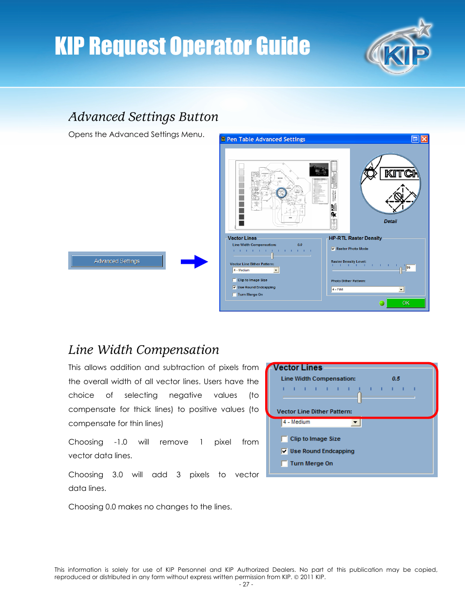Kip request operator guide, Advanced settings button, Line width compensation | Konica Minolta KIP C7800 User Manual | Page 31 / 84