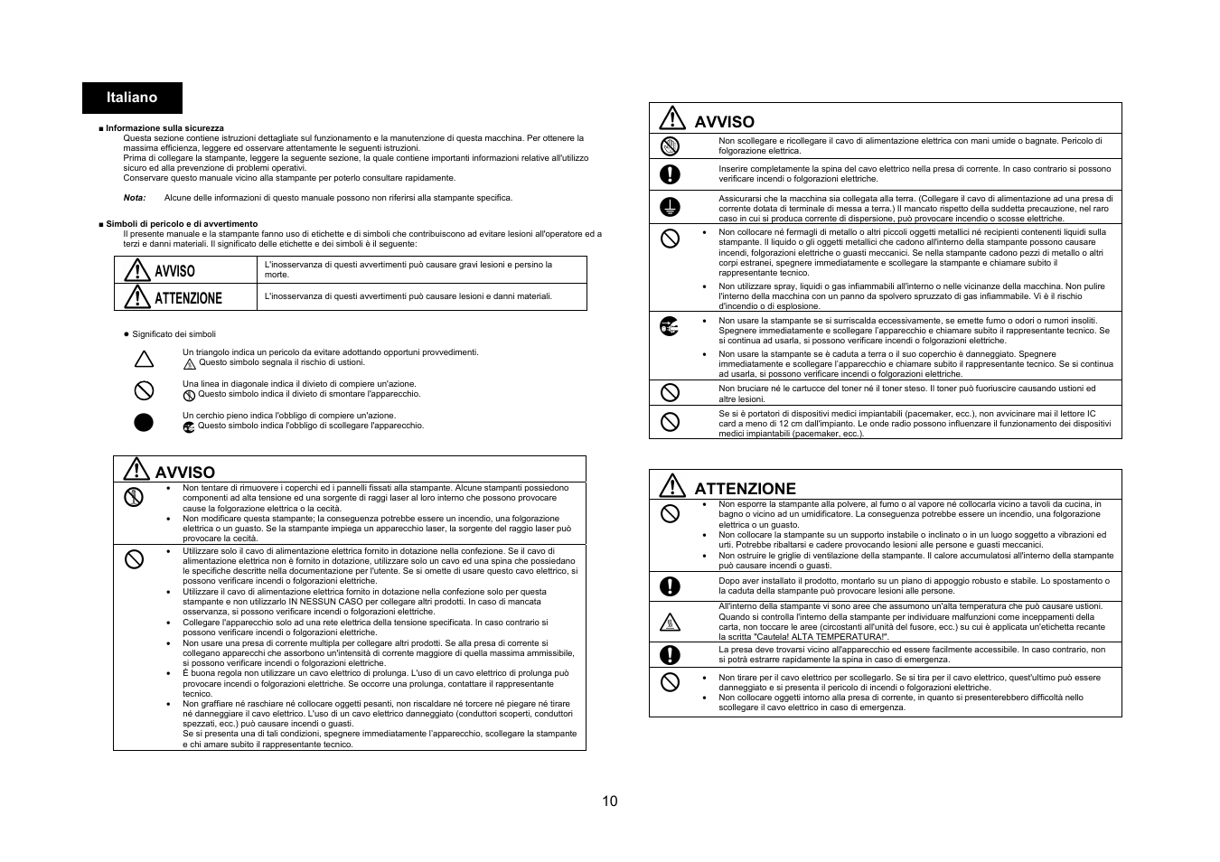Avviso, Attenzione, 10 italiano | Konica Minolta bizhub C3350 User Manual | Page 11 / 54