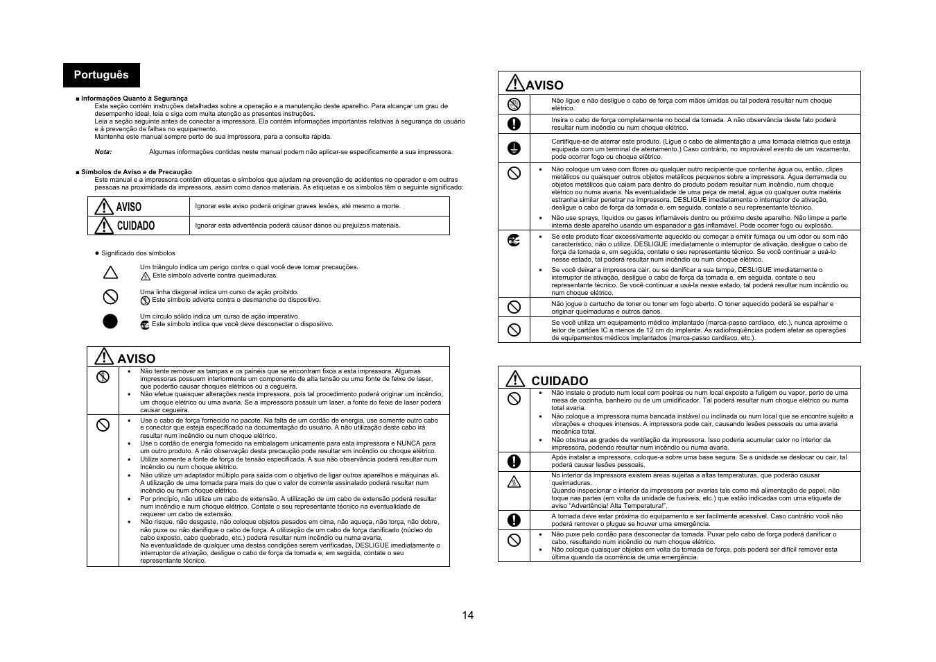 Aviso, Cuidado, 14 português | Konica Minolta bizhub C3350 User Manual | Page 15 / 54