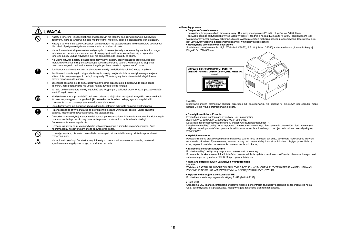 Uwaga | Konica Minolta bizhub C3350 User Manual | Page 20 / 54