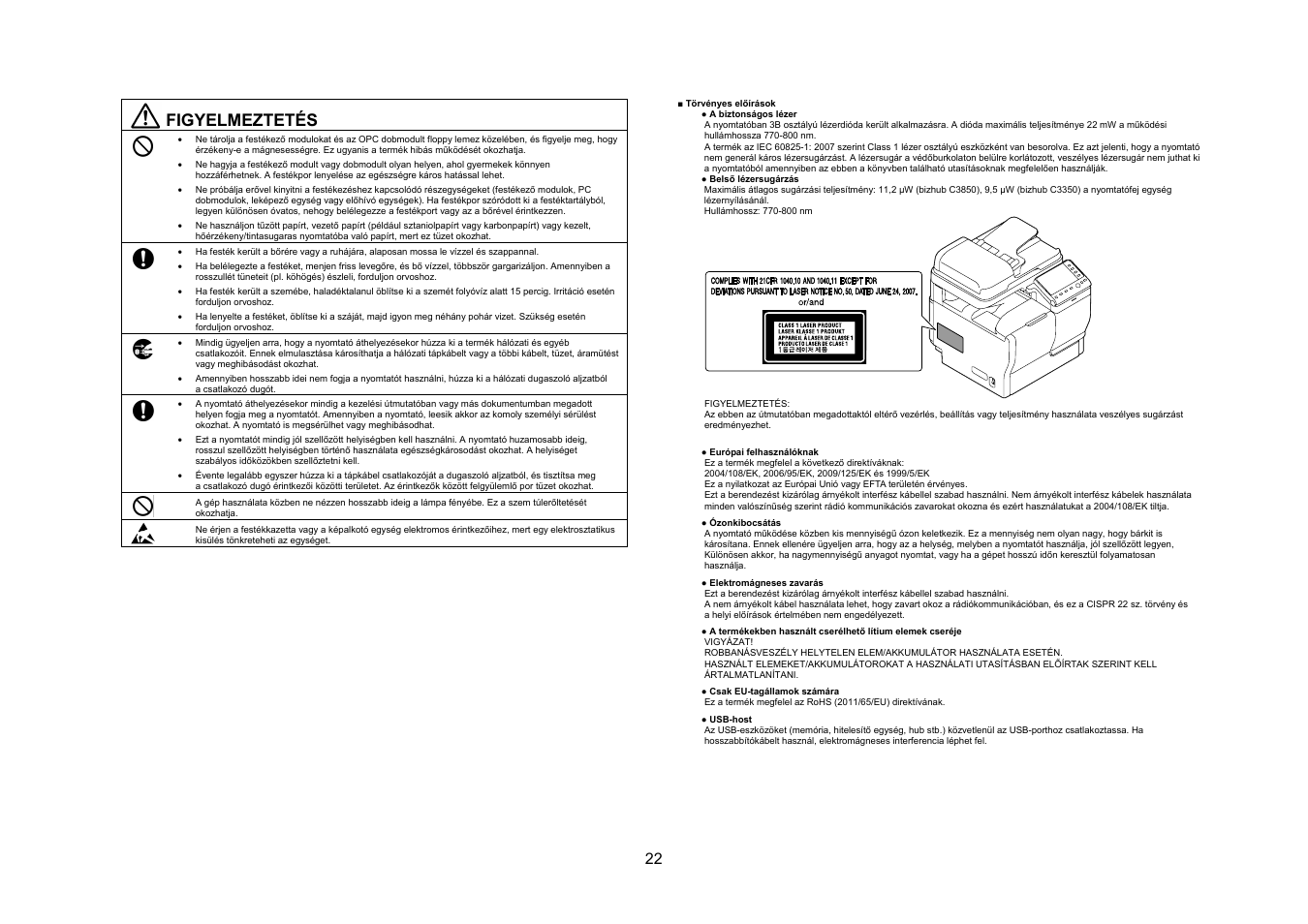 Figyelmeztetés | Konica Minolta bizhub C3350 User Manual | Page 23 / 54