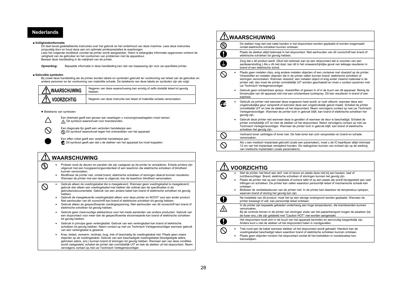 Waarschuwing, Voorzichtig, 28 nederlands | Konica Minolta bizhub C3350 User Manual | Page 29 / 54