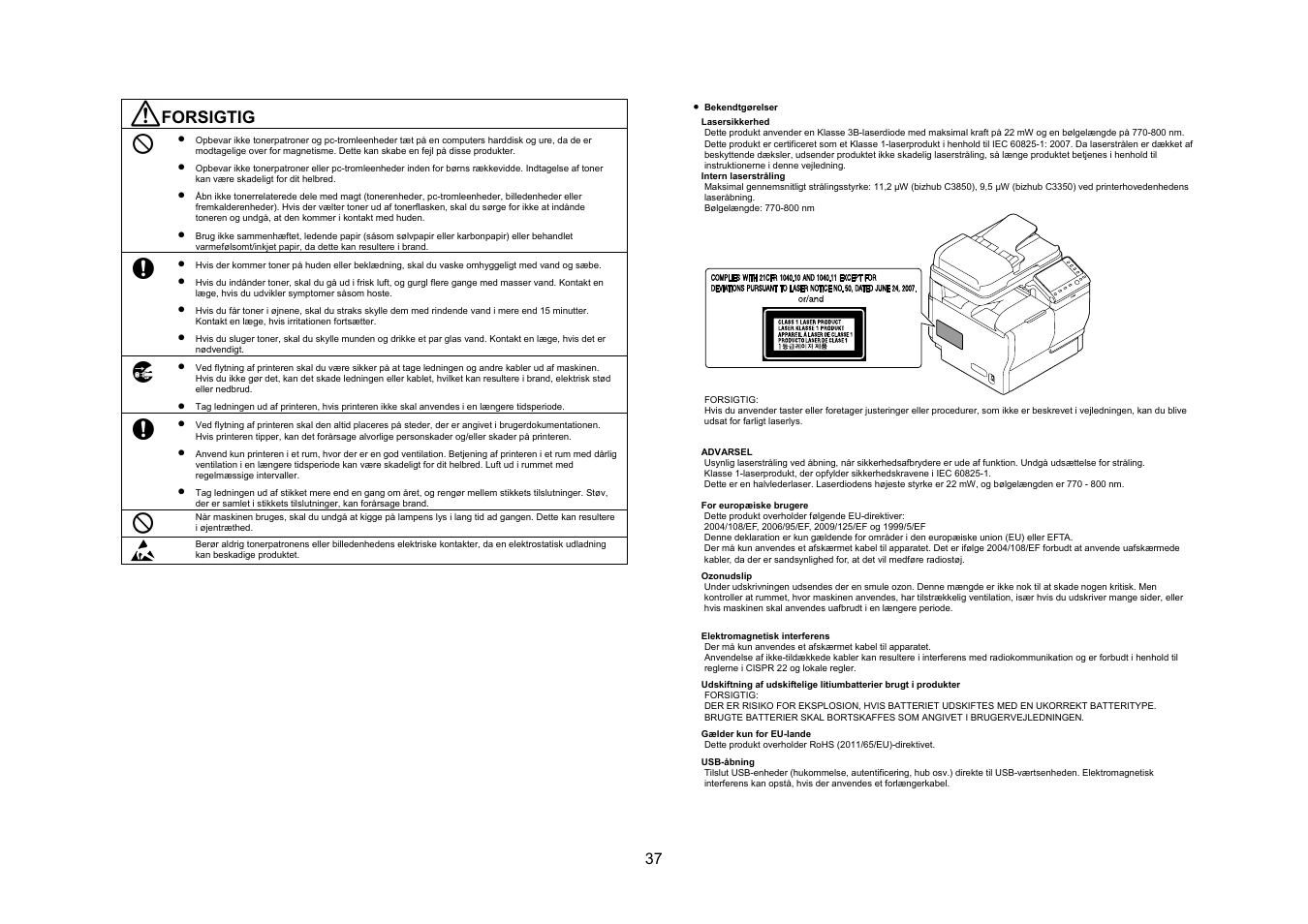 Forsigtig | Konica Minolta bizhub C3350 User Manual | Page 38 / 54