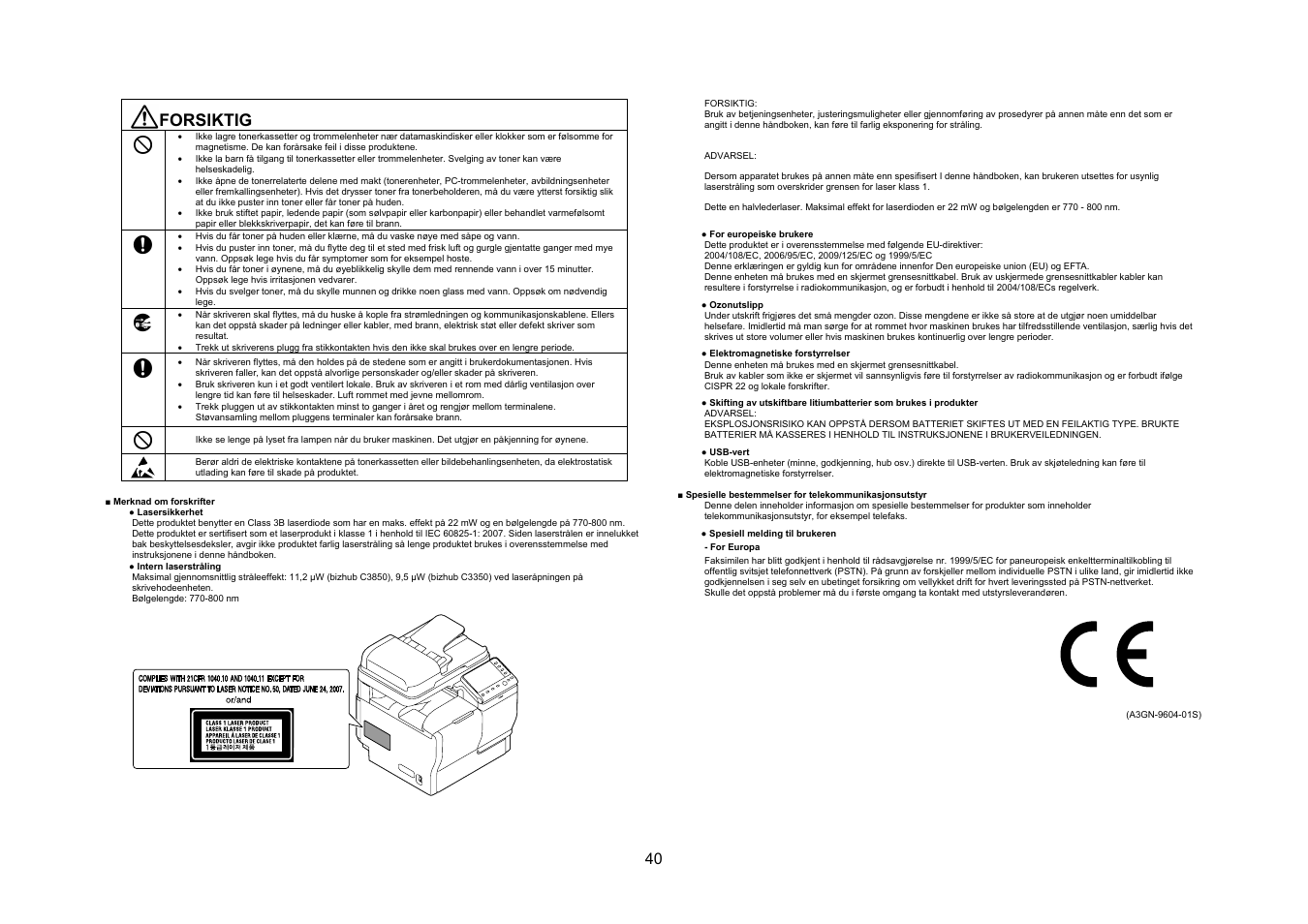 Forsiktig | Konica Minolta bizhub C3350 User Manual | Page 41 / 54