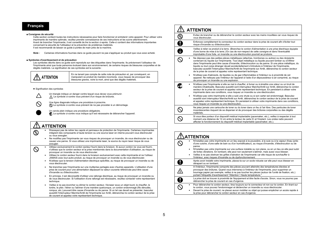Attention, 5 français | Konica Minolta bizhub C3350 User Manual | Page 6 / 54
