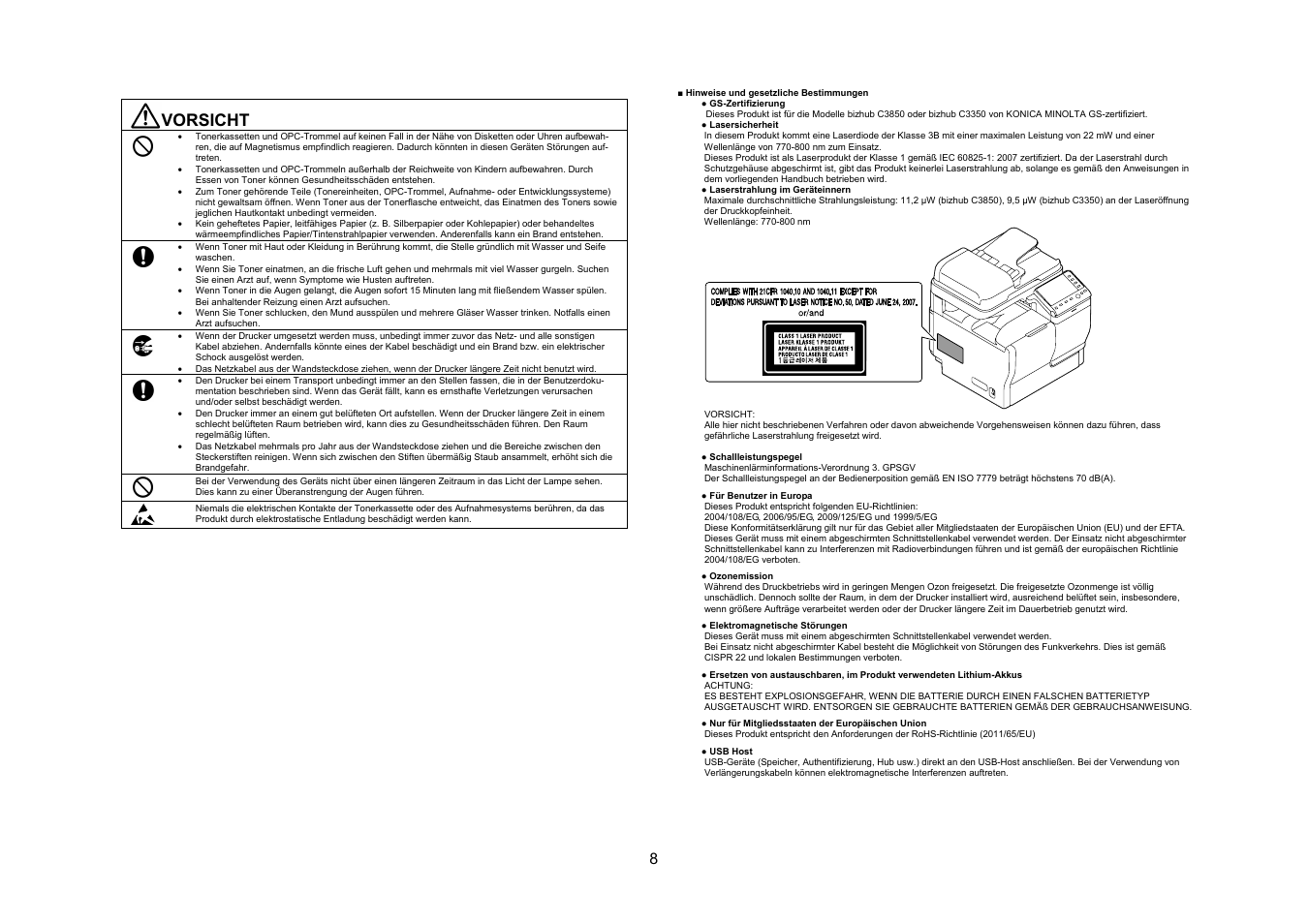 Vorsicht | Konica Minolta bizhub C3350 User Manual | Page 9 / 54