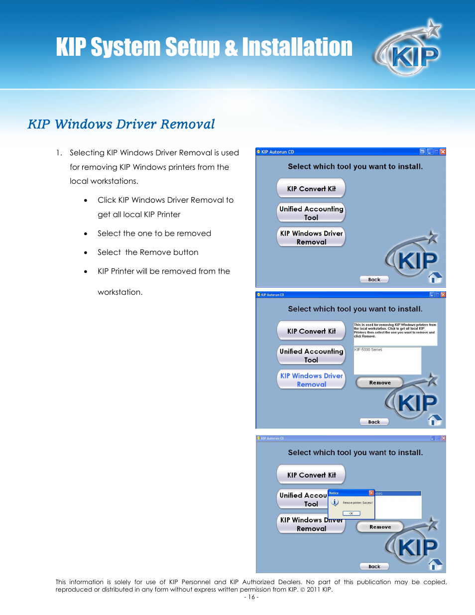 Kip system setup & installation, Kip windows driver removal | Konica Minolta KIP C7800 User Manual | Page 19 / 24