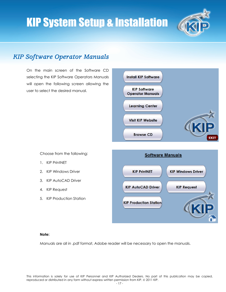 Kip system setup & installation, Kip software operator manuals | Konica Minolta KIP C7800 User Manual | Page 20 / 24