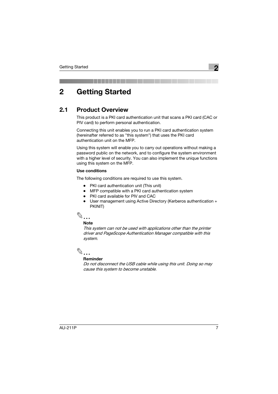 2 getting started, 1 product overview, Getting started | Product overview, 2getting started | Konica Minolta AU-211P User Manual | Page 8 / 65