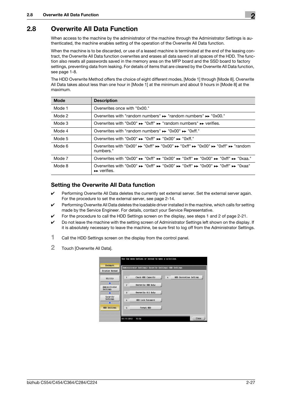 8 overwrite all data function, Setting the overwrite all data function | Konica Minolta bizhub C364 User Manual | Page 39 / 58