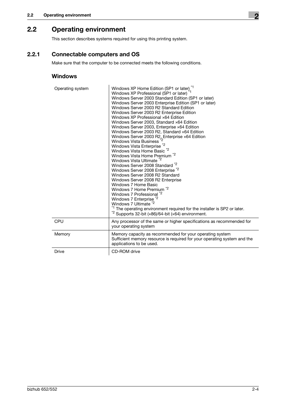 2 operating environment, 1 connectable computers and os, Windows | Operating environment -4, Connectable computers and os -4 windows -4 | Konica Minolta bizhub 652 User Manual | Page 10 / 73