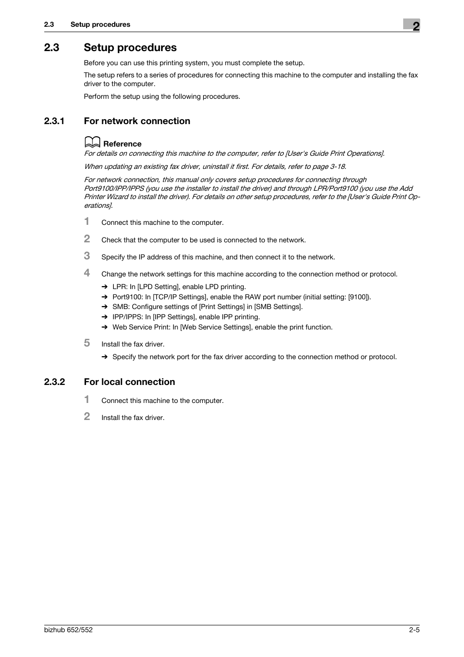 3 setup procedures, 1 for network connection, 2 for local connection | Setup procedures -5, For network connection -5, For local connection -5 | Konica Minolta bizhub 652 User Manual | Page 11 / 73