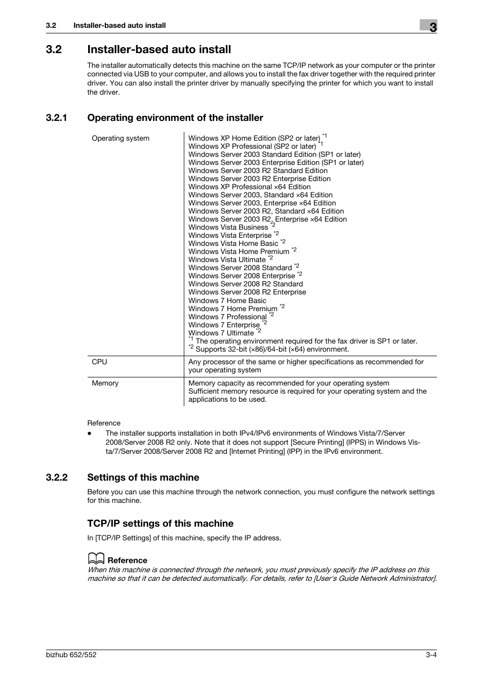 2 installer-based auto install, 1 operating environment of the installer, 2 settings of this machine | Tcp/ip settings of this machine, Installer-based auto install -4, Operating environment of the installer -4 | Konica Minolta bizhub 652 User Manual | Page 15 / 73