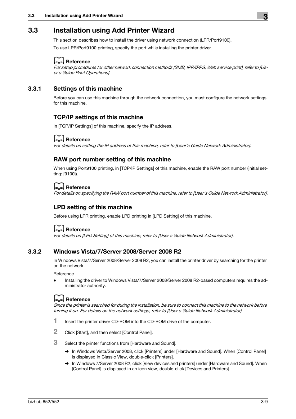 3 installation using add printer wizard, 1 settings of this machine, Tcp/ip settings of this machine | Raw port number setting of this machine, Lpd setting of this machine, 2 windows vista/7/server 2008/server 2008 r2, Installation using add printer wizard -9, Windows vista/7/server 2008/server 2008 r2 -9 | Konica Minolta bizhub 652 User Manual | Page 20 / 73