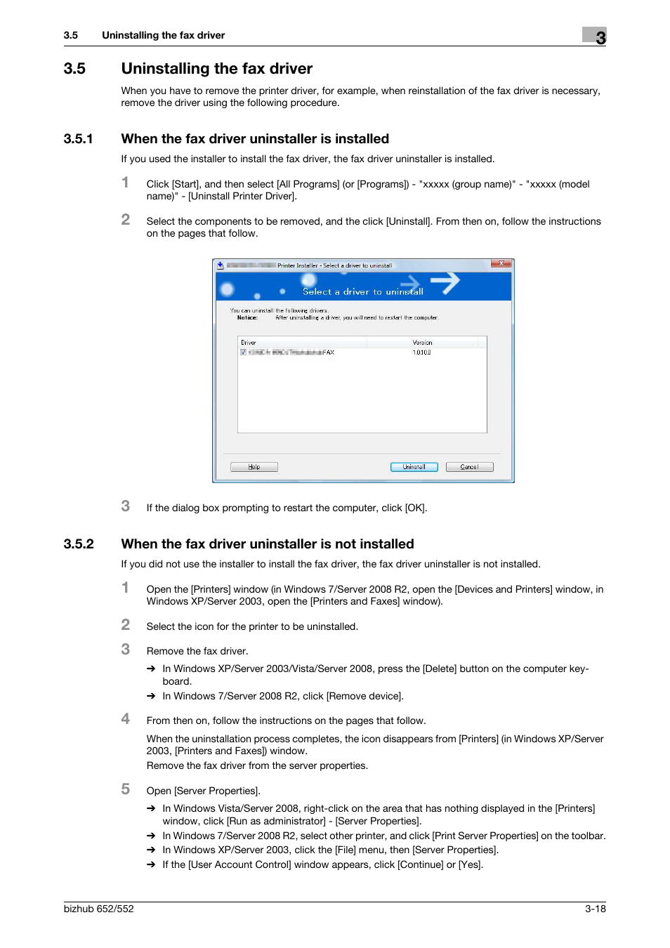 5 uninstalling the fax driver, 1 when the fax driver uninstaller is installed, 2 when the fax driver uninstaller is not installed | Uninstalling the fax driver -18, When the fax driver uninstaller is installed -18 | Konica Minolta bizhub 652 User Manual | Page 29 / 73