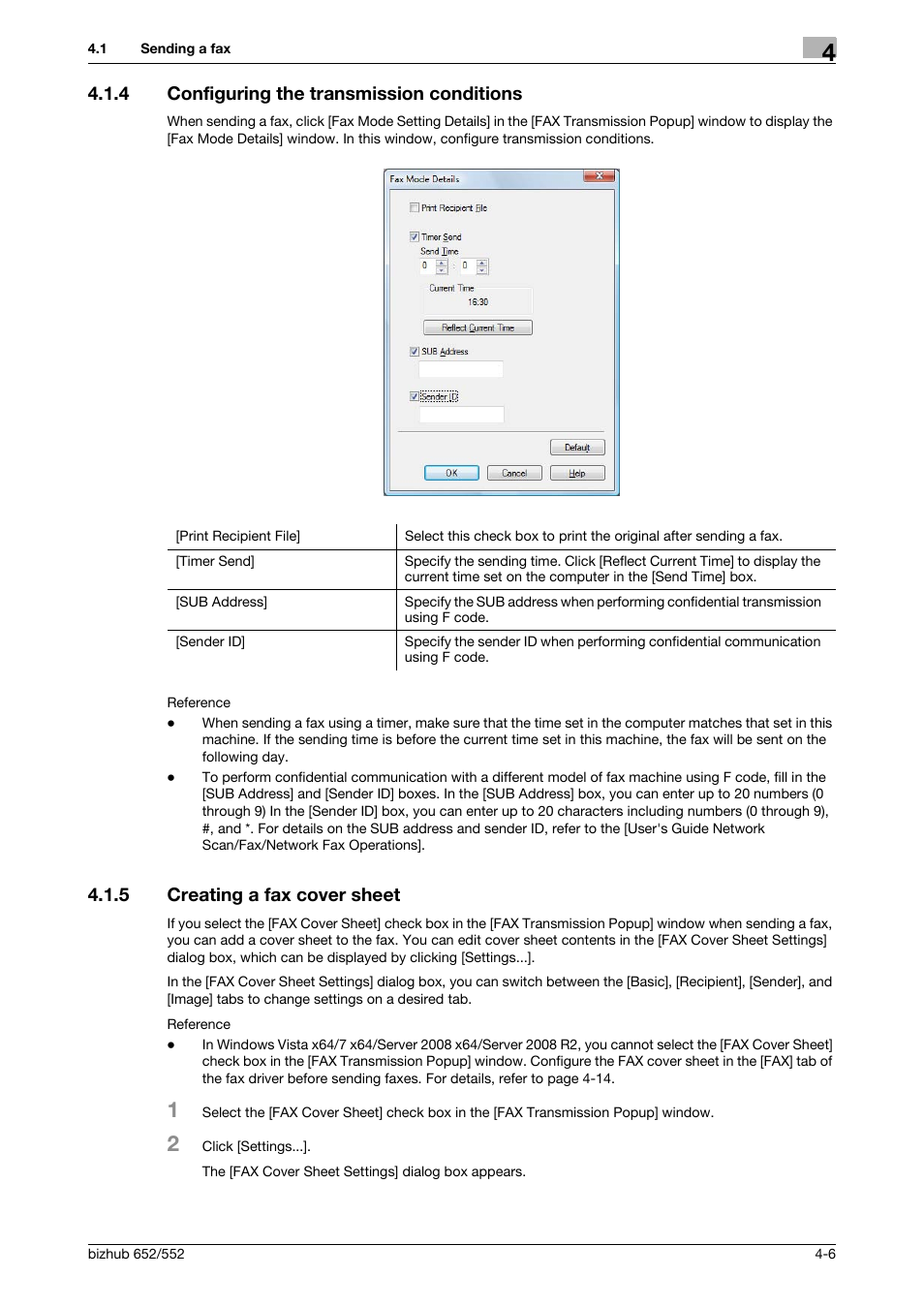 4 configuring the transmission conditions, 5 creating a fax cover sheet, Configuring the transmission conditions -6 | Creating a fax cover sheet -6 | Konica Minolta bizhub 652 User Manual | Page 36 / 73