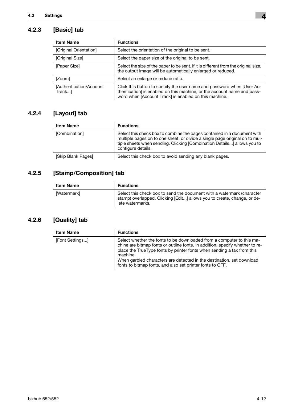 3 [basic] tab, 4 [layout] tab, 5 [stamp/composition] tab | 6 [quality] tab, Basic] tab -12, Layout] tab -12, Stamp/composition] tab -12, Quality] tab -12 | Konica Minolta bizhub 652 User Manual | Page 42 / 73