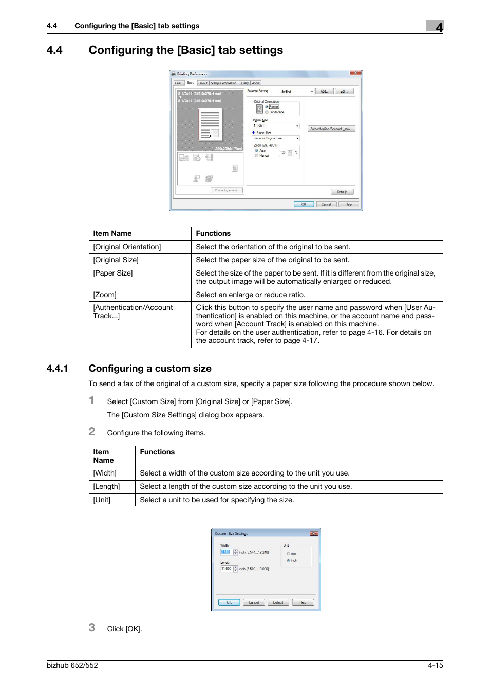 4 configuring the [basic] tab settings, 1 configuring a custom size, Configuring the [basic] tab settings -15 | Configuring a custom size -15 | Konica Minolta bizhub 652 User Manual | Page 45 / 73