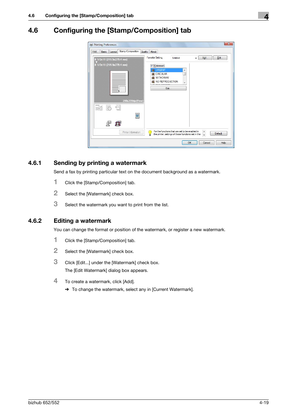 6 configuring the [stamp/composition] tab, 1 sending by printing a watermark, 2 editing a watermark | Configuring the [stamp/composition] tab -19, Sending by printing a watermark -19, Editing a watermark -19 | Konica Minolta bizhub 652 User Manual | Page 49 / 73