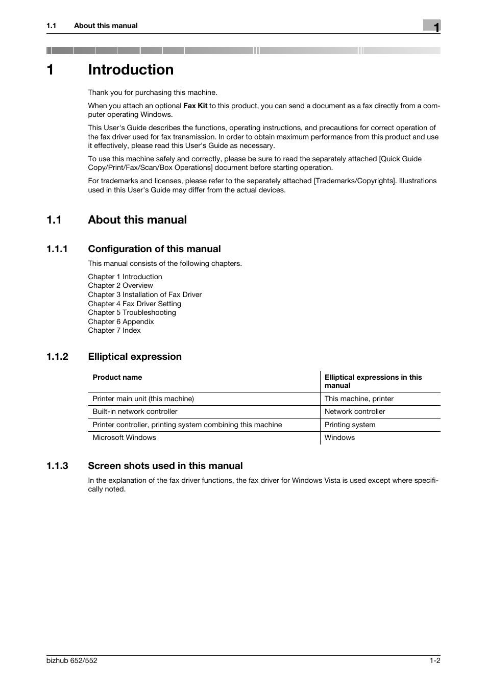 1 introduction, 1 about this manual, 1 configuration of this manual | 2 elliptical expression, 3 screen shots used in this manual, Introduction, About this manual -2, Configuration of this manual -2, Elliptical expression -2, Screen shots used in this manual -2 | Konica Minolta bizhub 652 User Manual | Page 5 / 73