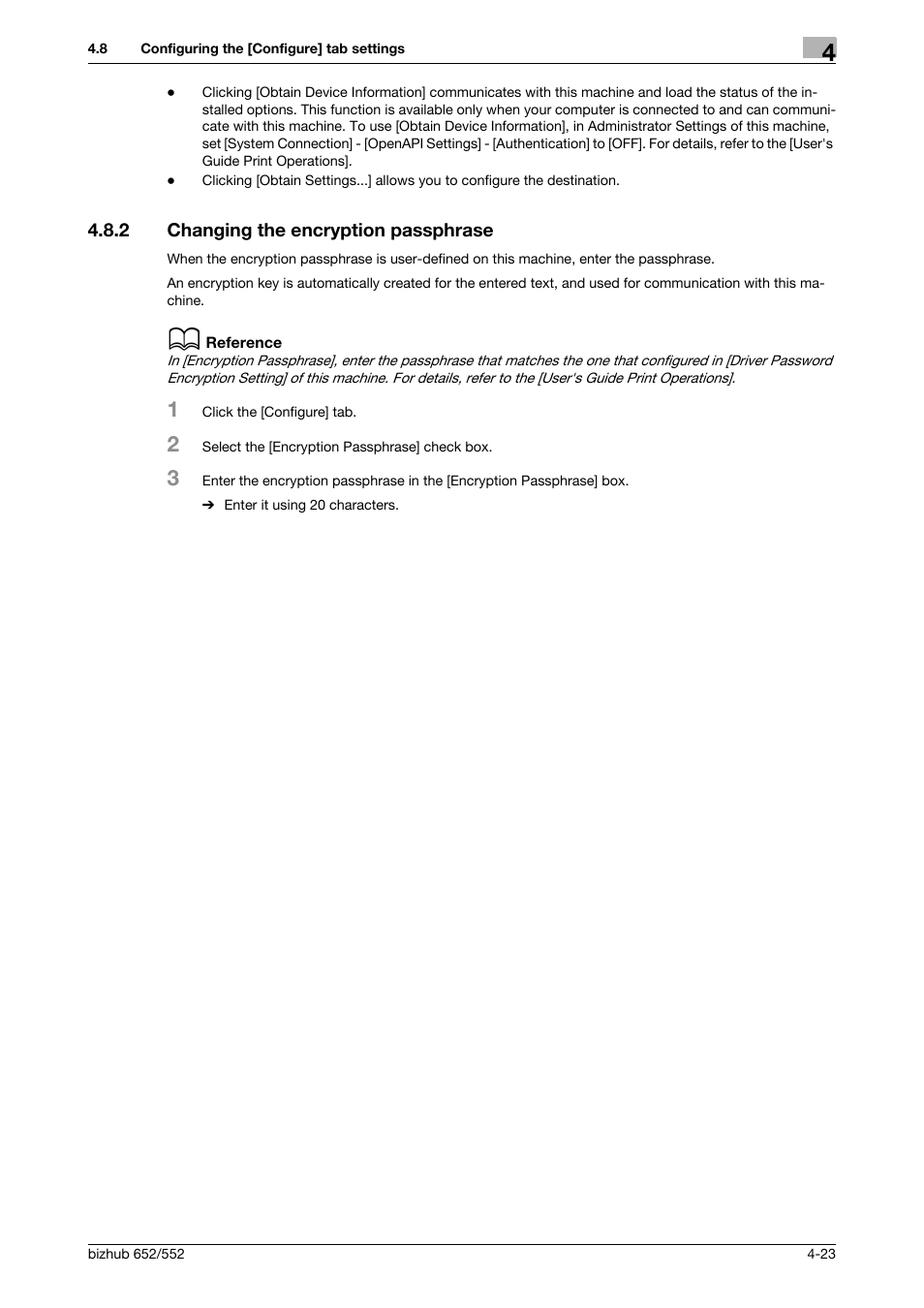 2 changing the encryption passphrase, Changing the encryption passphrase -23 | Konica Minolta bizhub 652 User Manual | Page 53 / 73