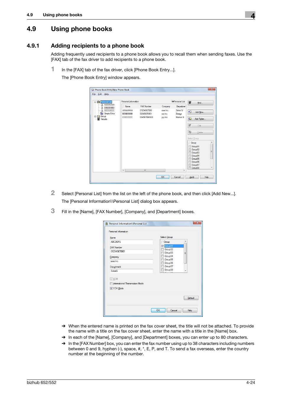 9 using phone books, 1 adding recipients to a phone book, Using phone books -24 | Adding recipients to a phone book -24 | Konica Minolta bizhub 652 User Manual | Page 54 / 73
