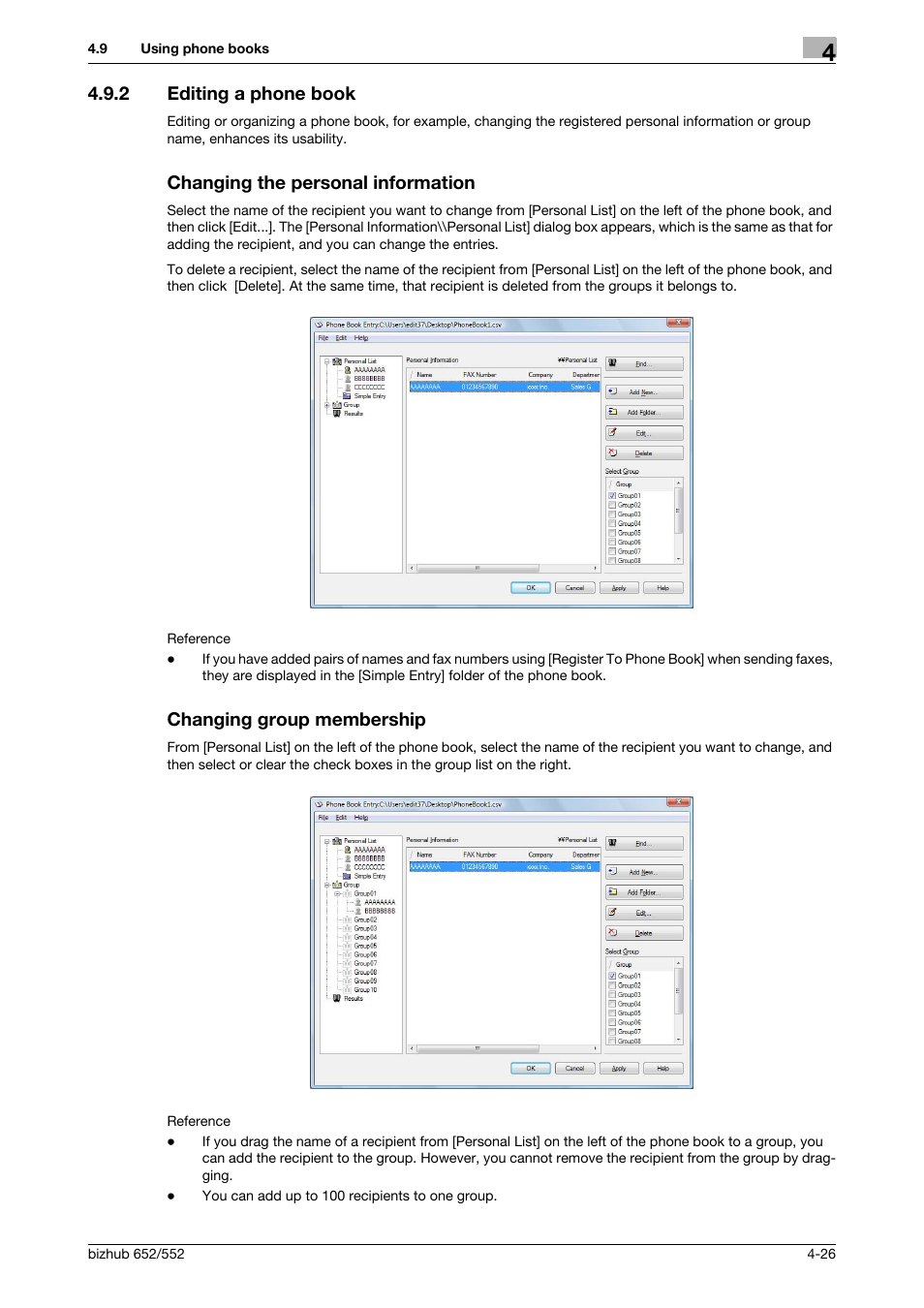 2 editing a phone book, Changing the personal information, Changing group membership | Konica Minolta bizhub 652 User Manual | Page 56 / 73