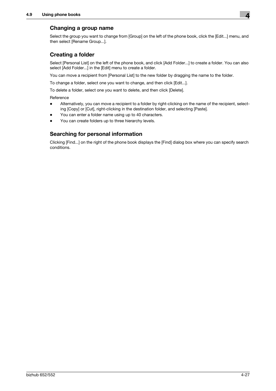 Changing a group name, Creating a folder, Searching for personal information | Konica Minolta bizhub 652 User Manual | Page 57 / 73