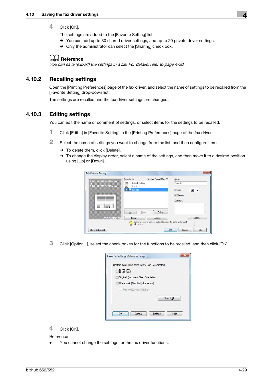 2 recalling settings, 3 editing settings, Recalling settings -29 | Editing settings -29 | Konica Minolta bizhub 652 User Manual | Page 59 / 73