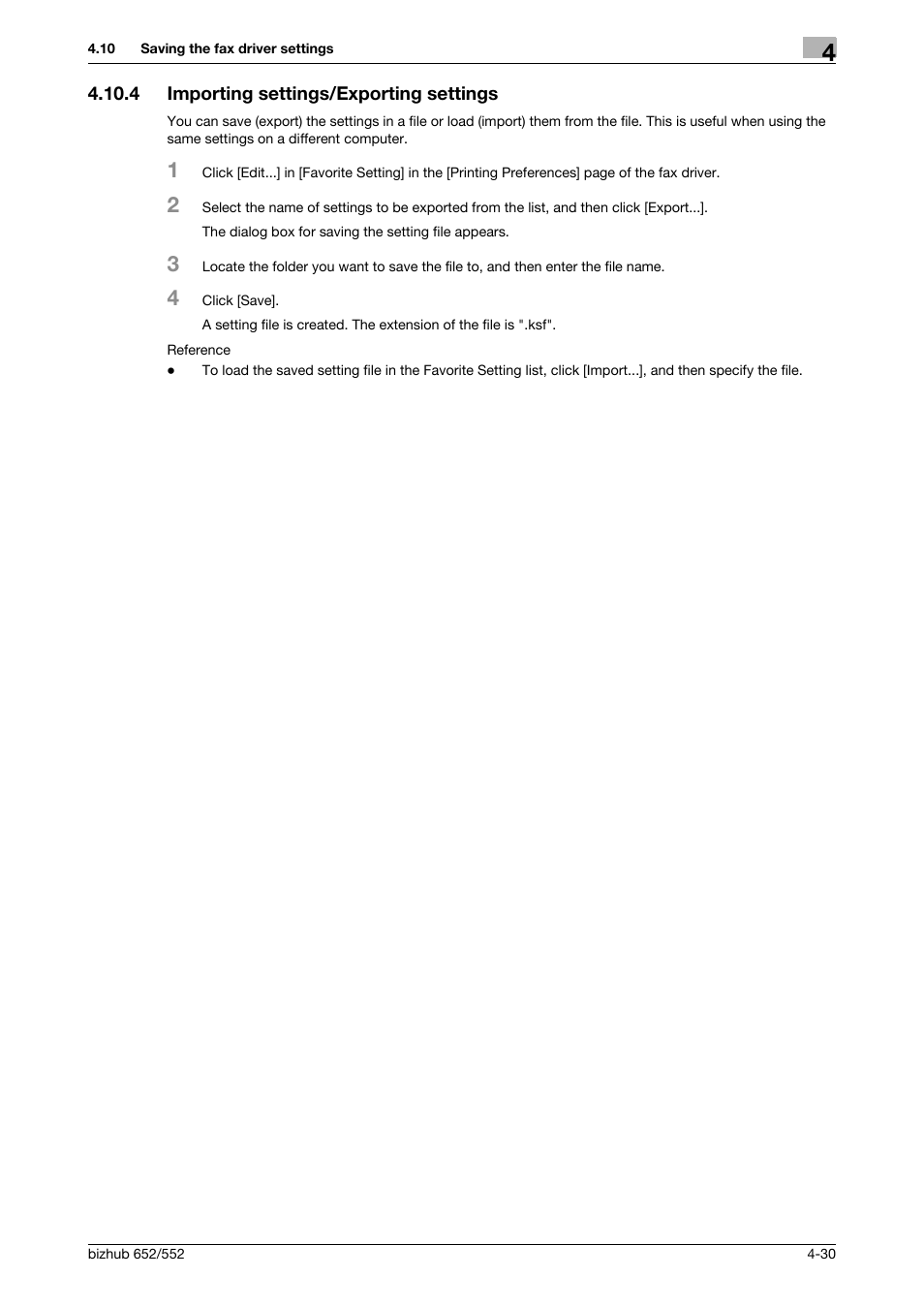 4 importing settings/exporting settings, Importing settings/exporting settings -30 | Konica Minolta bizhub 652 User Manual | Page 60 / 73