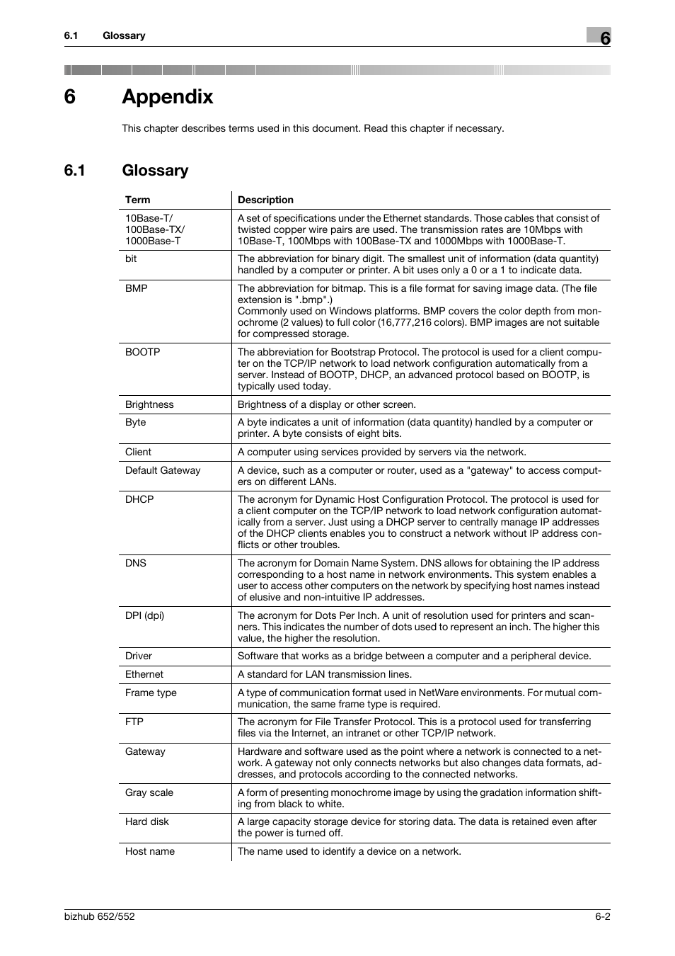 6 appendix, 1 glossary, Appendix | Glossary -2, 6appendix | Konica Minolta bizhub 652 User Manual | Page 65 / 73