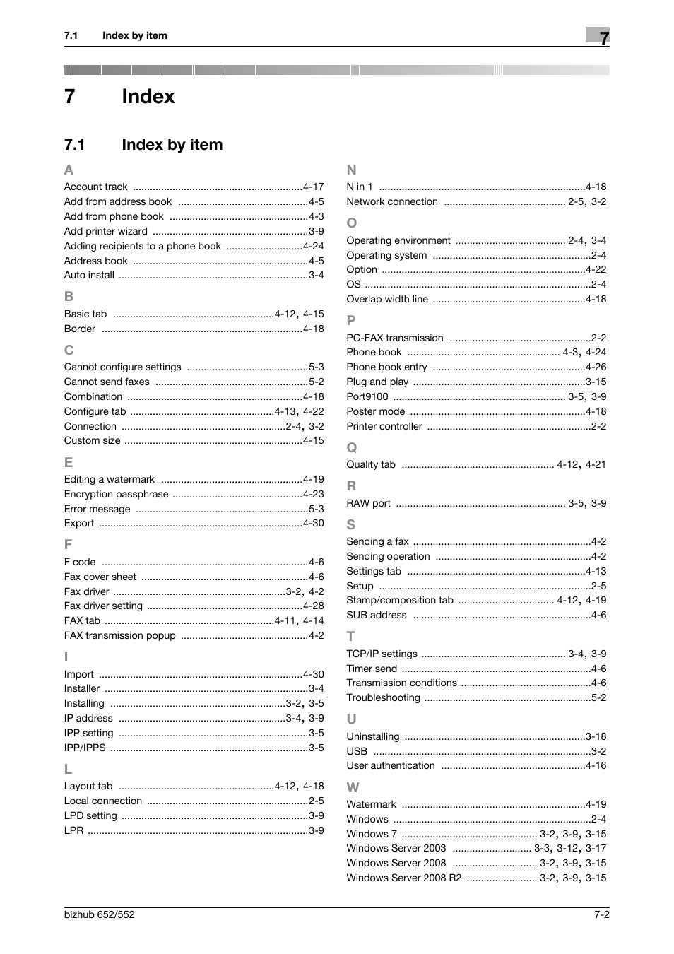 7 index, 1 index by item, Index | Index by item -2, 7index | Konica Minolta bizhub 652 User Manual | Page 70 / 73