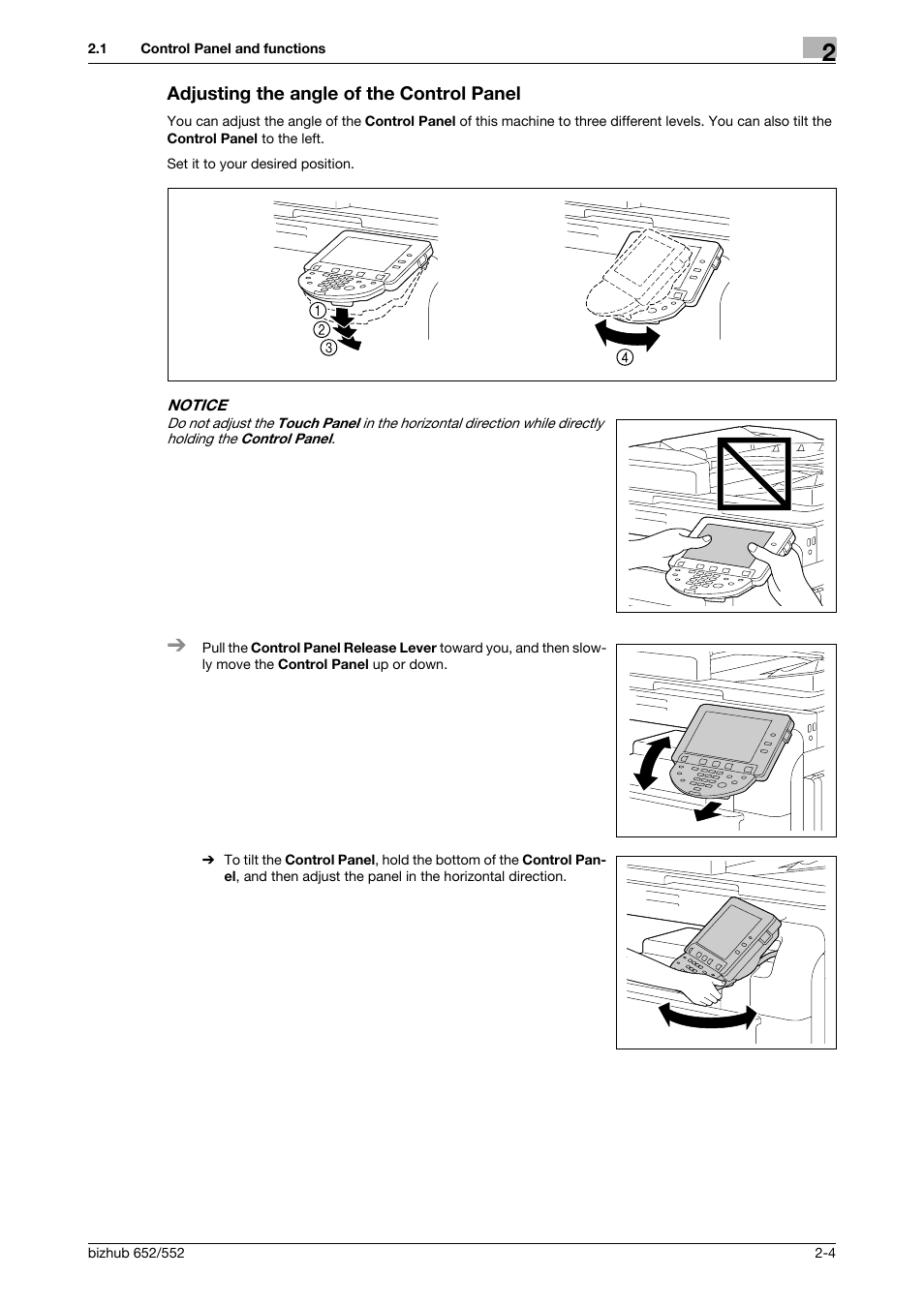 Adjusting the angle of the control panel, Adjusting the angle of the control panel -4 | Konica Minolta bizhub 552 User Manual | Page 12 / 61