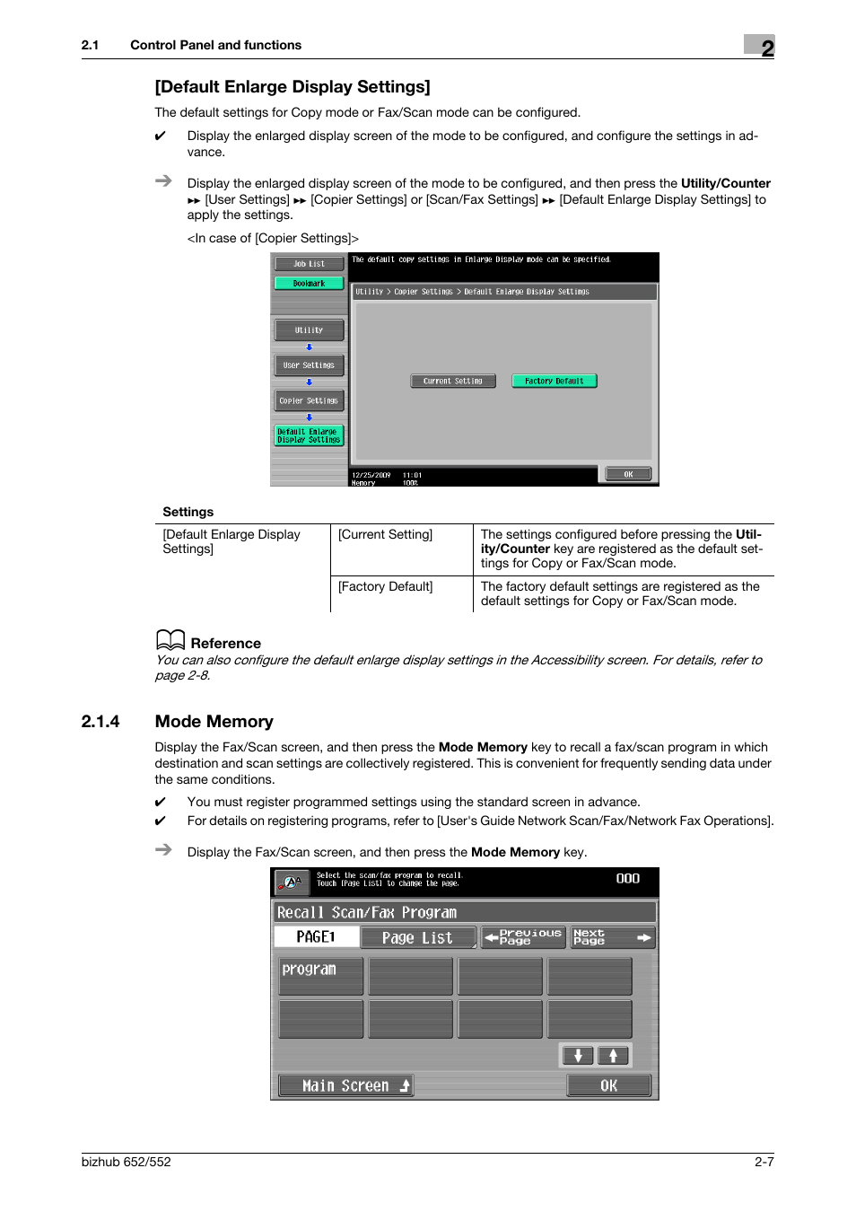 Default enlarge display settings, 4 mode memory, Default enlarge display settings] -7 | Mode memory -7, P. 2-7 | Konica Minolta bizhub 552 User Manual | Page 15 / 61