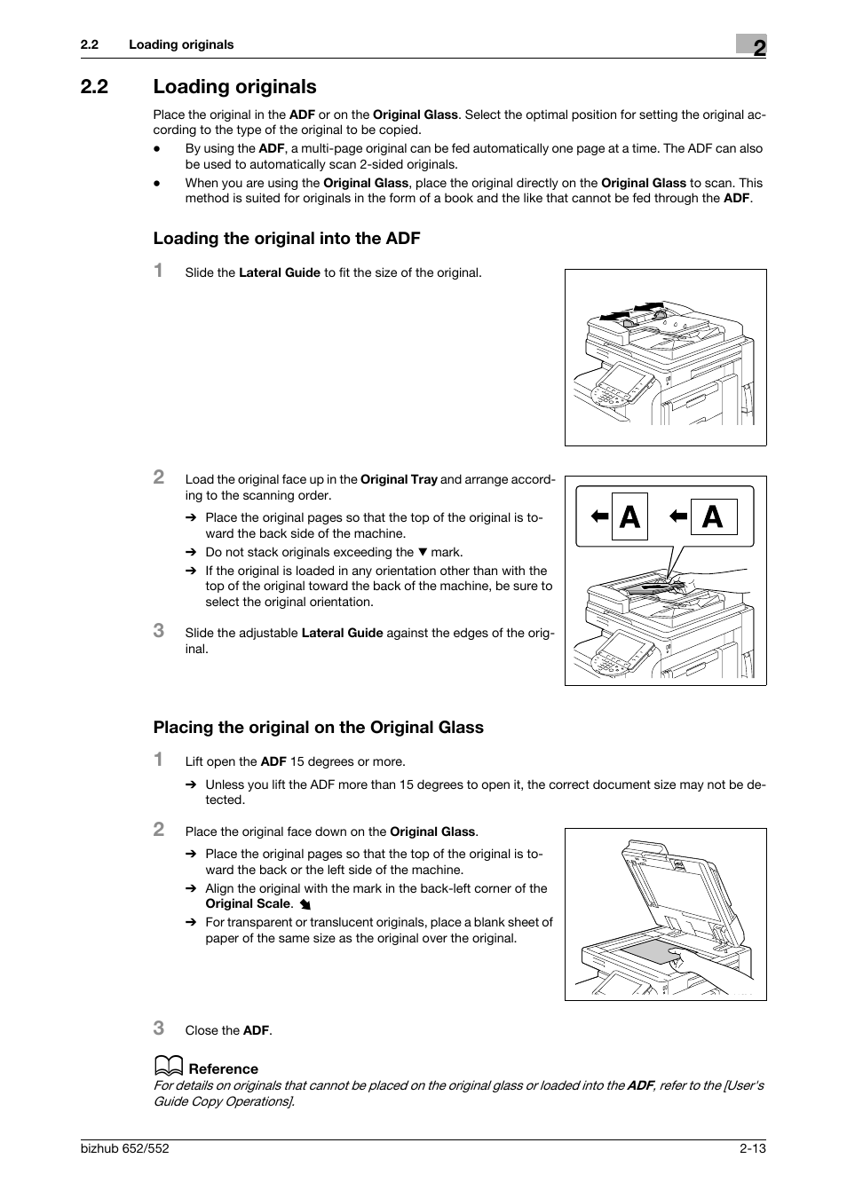 2 loading originals, Loading the original into the adf, Placing the original on the original glass | Konica Minolta bizhub 552 User Manual | Page 21 / 61