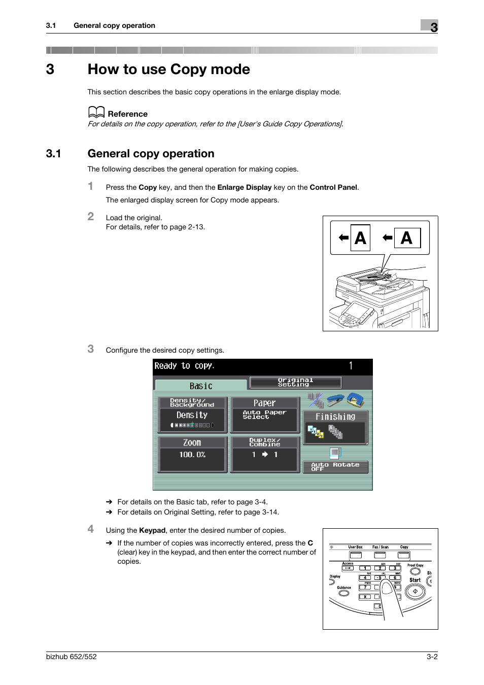 3 how to use copy mode, 1 general copy operation, How to use copy mode | General copy operation -2, To "3 how to use copy mode" and "4, 3how to use copy mode | Konica Minolta bizhub 552 User Manual | Page 23 / 61