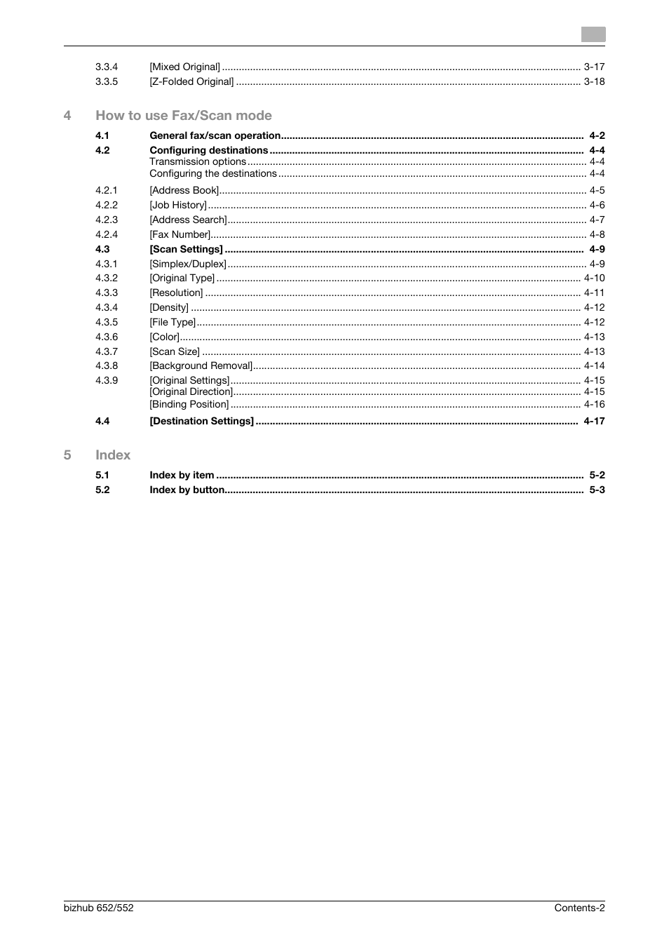 4how to use fax/scan mode, 5index | Konica Minolta bizhub 552 User Manual | Page 3 / 61