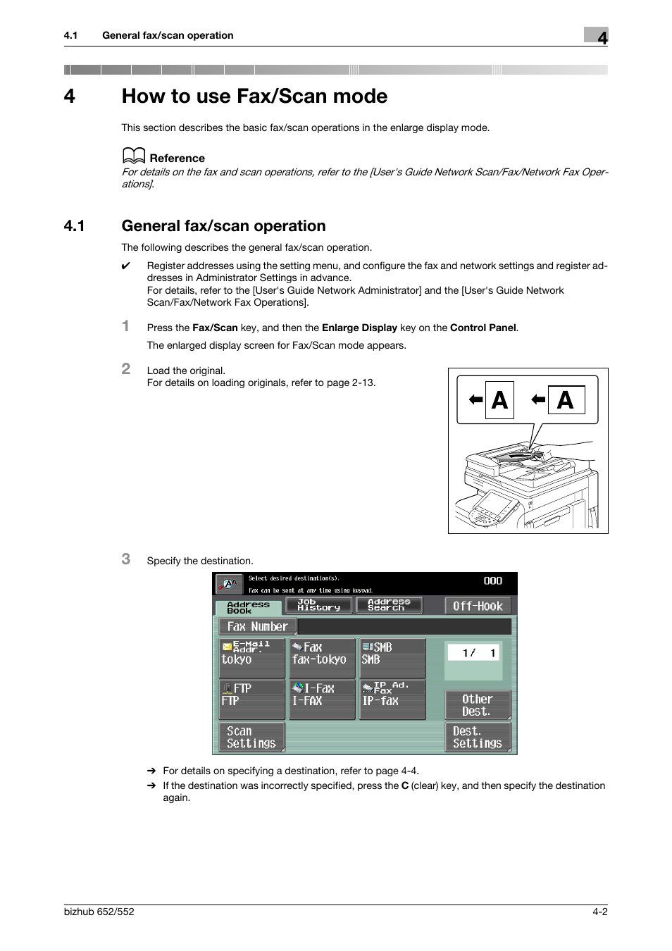 4 how to use fax/scan mode, 1 general fax/scan operation, How to use fax/scan mode | General fax/scan operation -2, 4how to use fax/scan mode | Konica Minolta bizhub 552 User Manual | Page 41 / 61