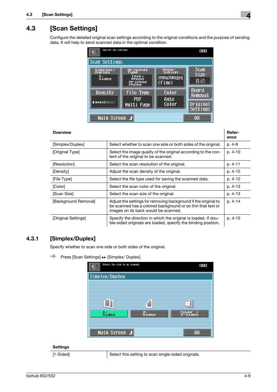 3 [scan settings, 1 [simplex/duplex, Scan settings] -9 | Simplex/duplex] -9 | Konica Minolta bizhub 552 User Manual | Page 48 / 61