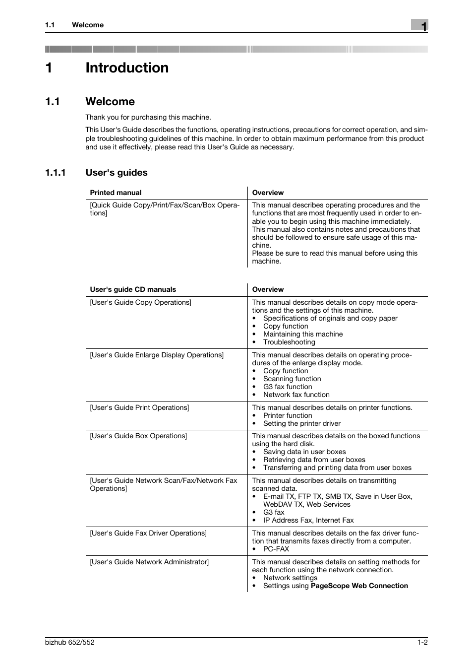 1 introduction, 1 welcome, 1 user's guides | Introduction, Welcome -2, User's guides -2, 1introduction | Konica Minolta bizhub 552 User Manual | Page 5 / 61