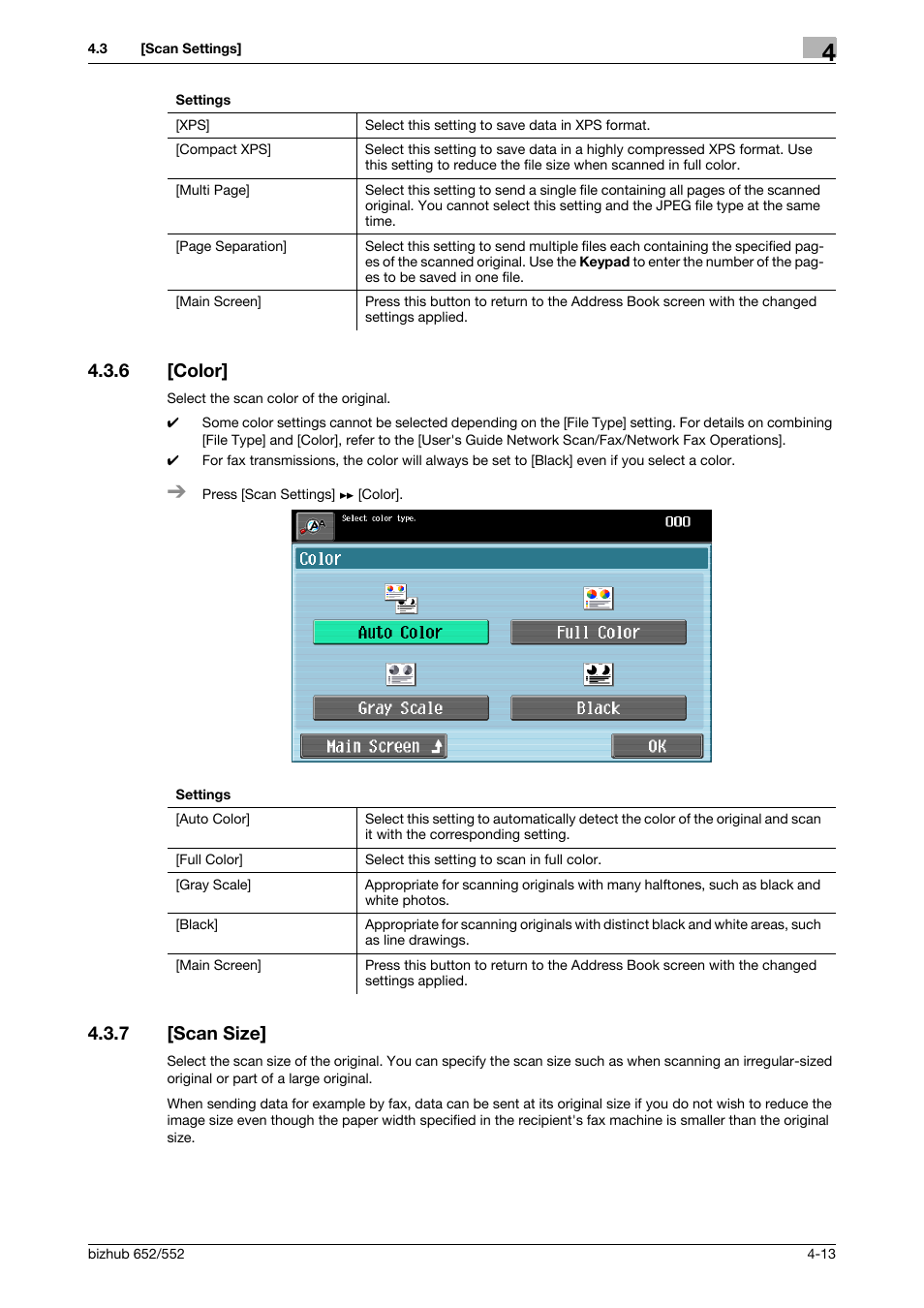 6 [color, 7 [scan size, Color] -13 | Scan size] -13, P. 4-13 | Konica Minolta bizhub 552 User Manual | Page 52 / 61