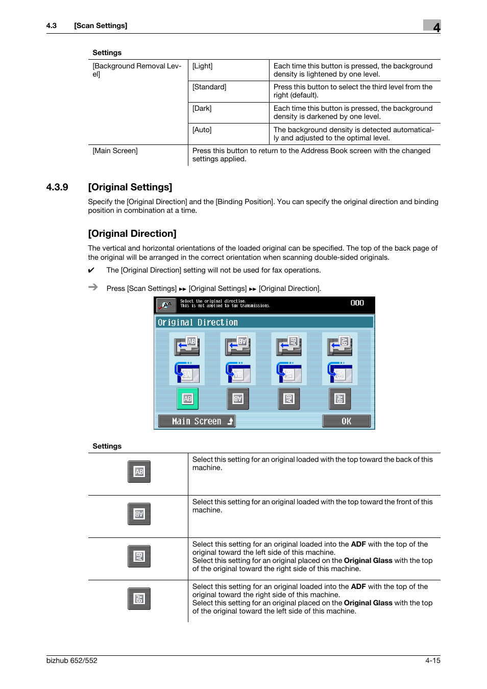 9 [original settings, Original direction, Original settings] -15 [original direction] -15 | P. 4-15 | Konica Minolta bizhub 552 User Manual | Page 54 / 61