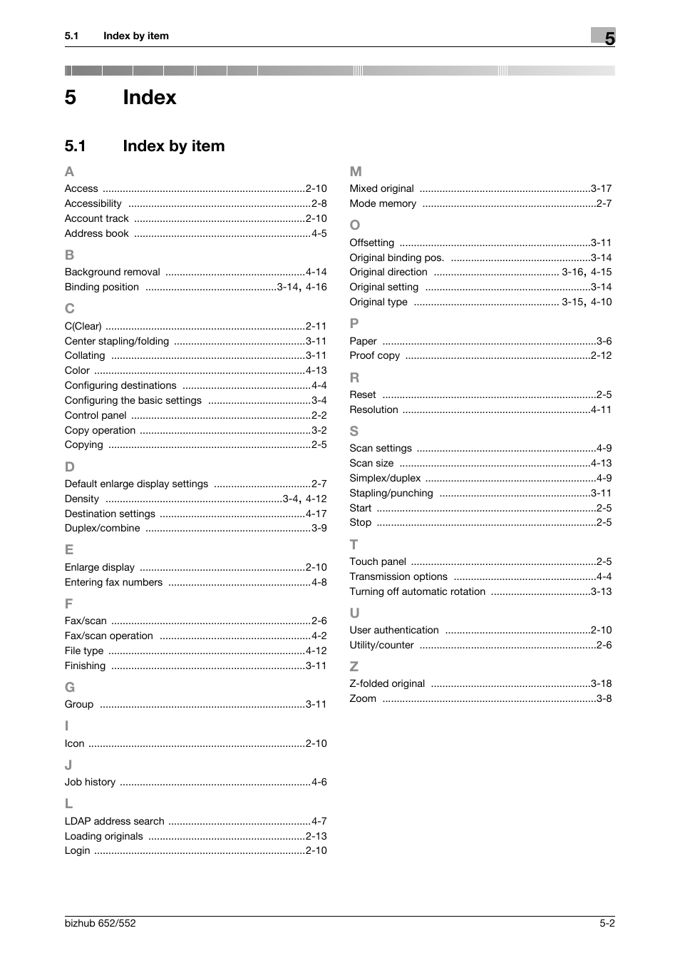 5 index, 1 index by item, Index | Index by item -2, 5index | Konica Minolta bizhub 552 User Manual | Page 58 / 61