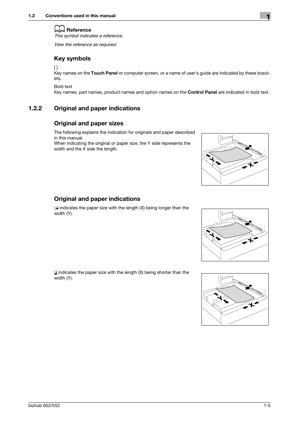 Key symbols, 2 original and paper indications, Original and paper sizes | Original and paper indications, Key symbols -5 | Konica Minolta bizhub 552 User Manual | Page 8 / 61