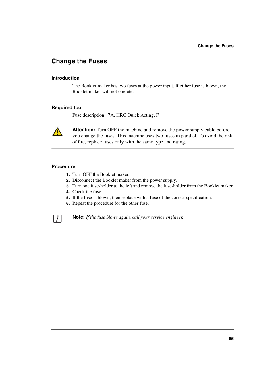 Change the fuses, See ‘ change the | Konica Minolta bizhub PRO 2000P User Manual | Page 85 / 118