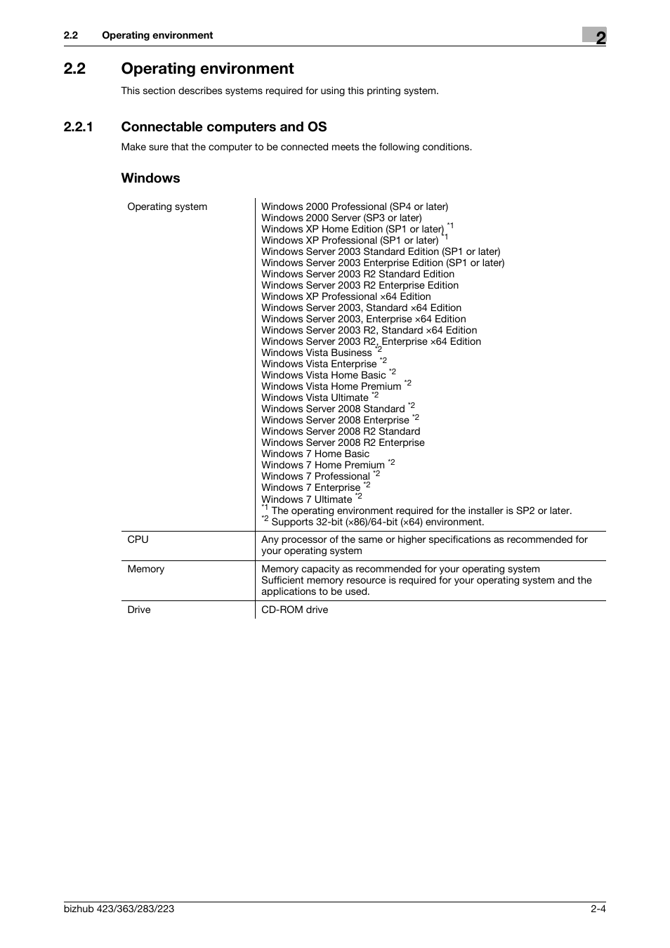2 operating environment, 1 connectable computers and os, Windows | Operating environment -4, Connectable computers and os -4 windows -4 | Konica Minolta BIZHUB 223 User Manual | Page 10 / 76