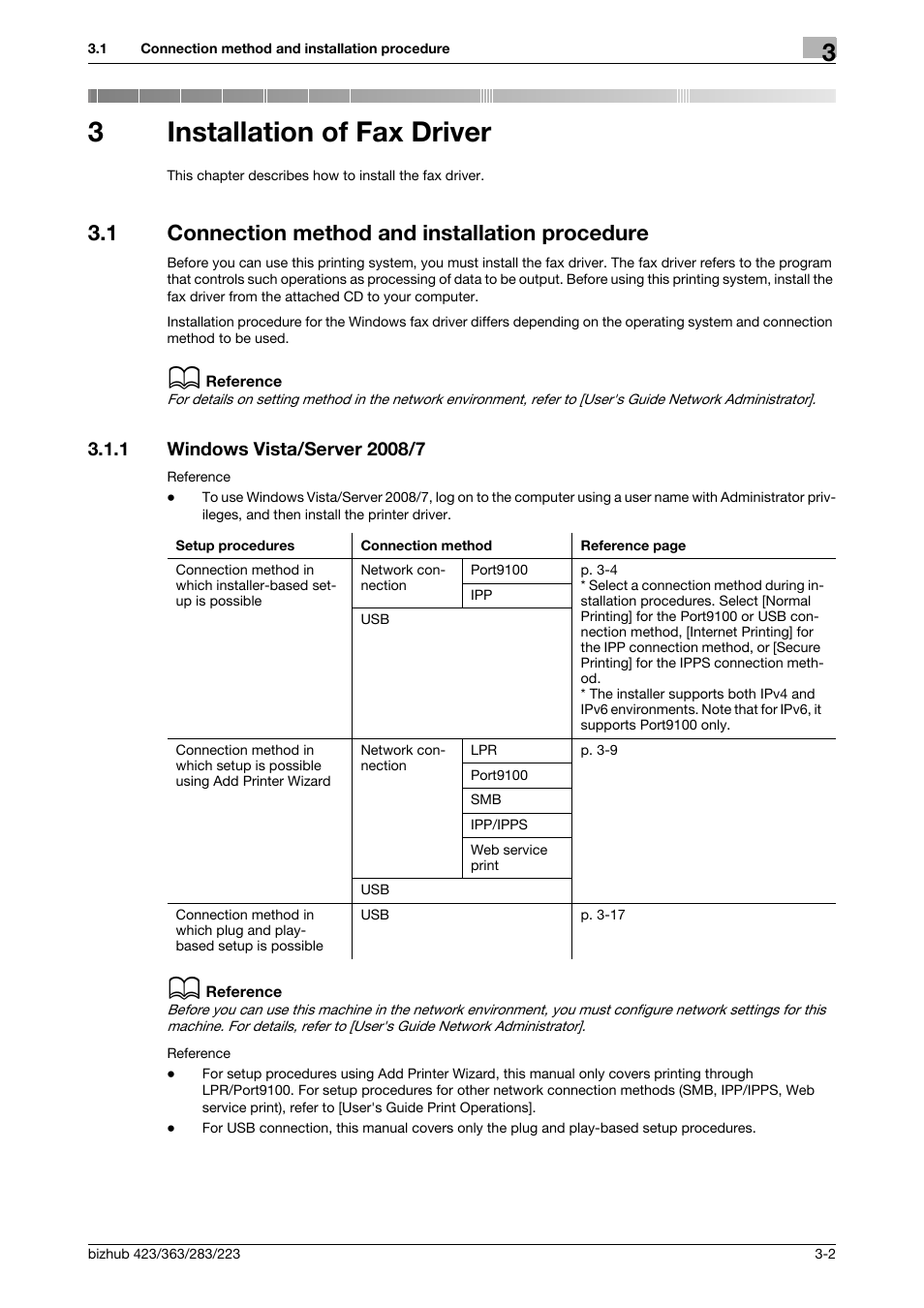 3 installation of fax driver, 1 connection method and installation procedure, 1 windows vista/server 2008/7 | Installation of fax driver, Connection method and installation procedure -2, Windows vista/server 2008/7 -2, 3installation of fax driver | Konica Minolta BIZHUB 223 User Manual | Page 13 / 76