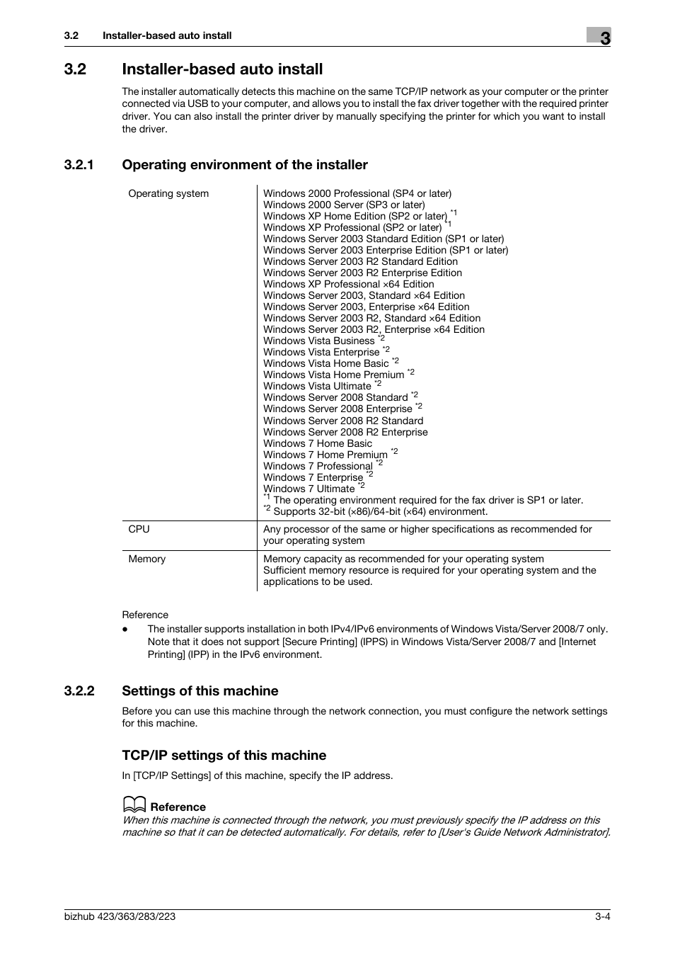 2 installer-based auto install, 1 operating environment of the installer, 2 settings of this machine | Tcp/ip settings of this machine, Installer-based auto install -4, Operating environment of the installer -4, P. 3-4 | Konica Minolta BIZHUB 223 User Manual | Page 15 / 76