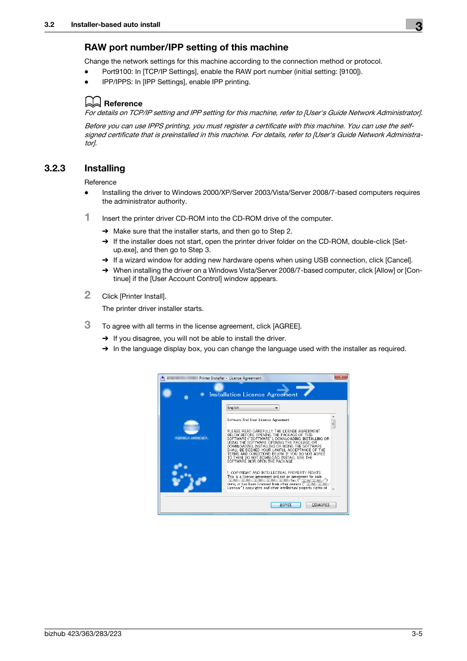 Raw port number/ipp setting of this machine, 3 installing, Raw port number/ipp setting of this machine -5 | Installing -5 | Konica Minolta BIZHUB 223 User Manual | Page 16 / 76